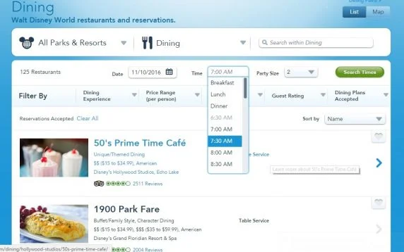 reservar restaurantes no site da Disney