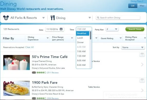 reservar restaurantes no site da Disney