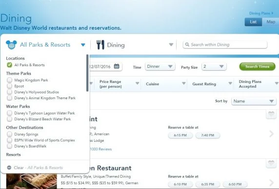 reservar restaurantes no site da Disney
