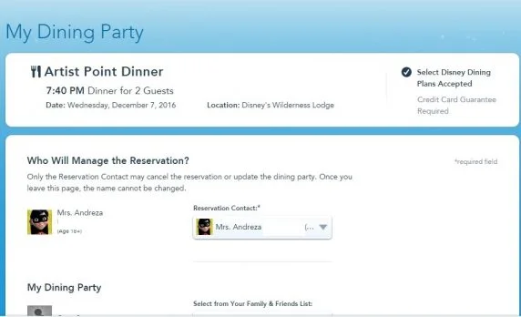 reservar restaurantes no site da Disney