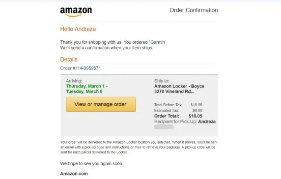tela de confirmação amazon locker
